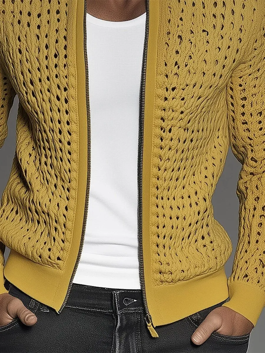 【24-hour shipping】Men's Hollow Out Knit Stand Collar Zip Up Jacket