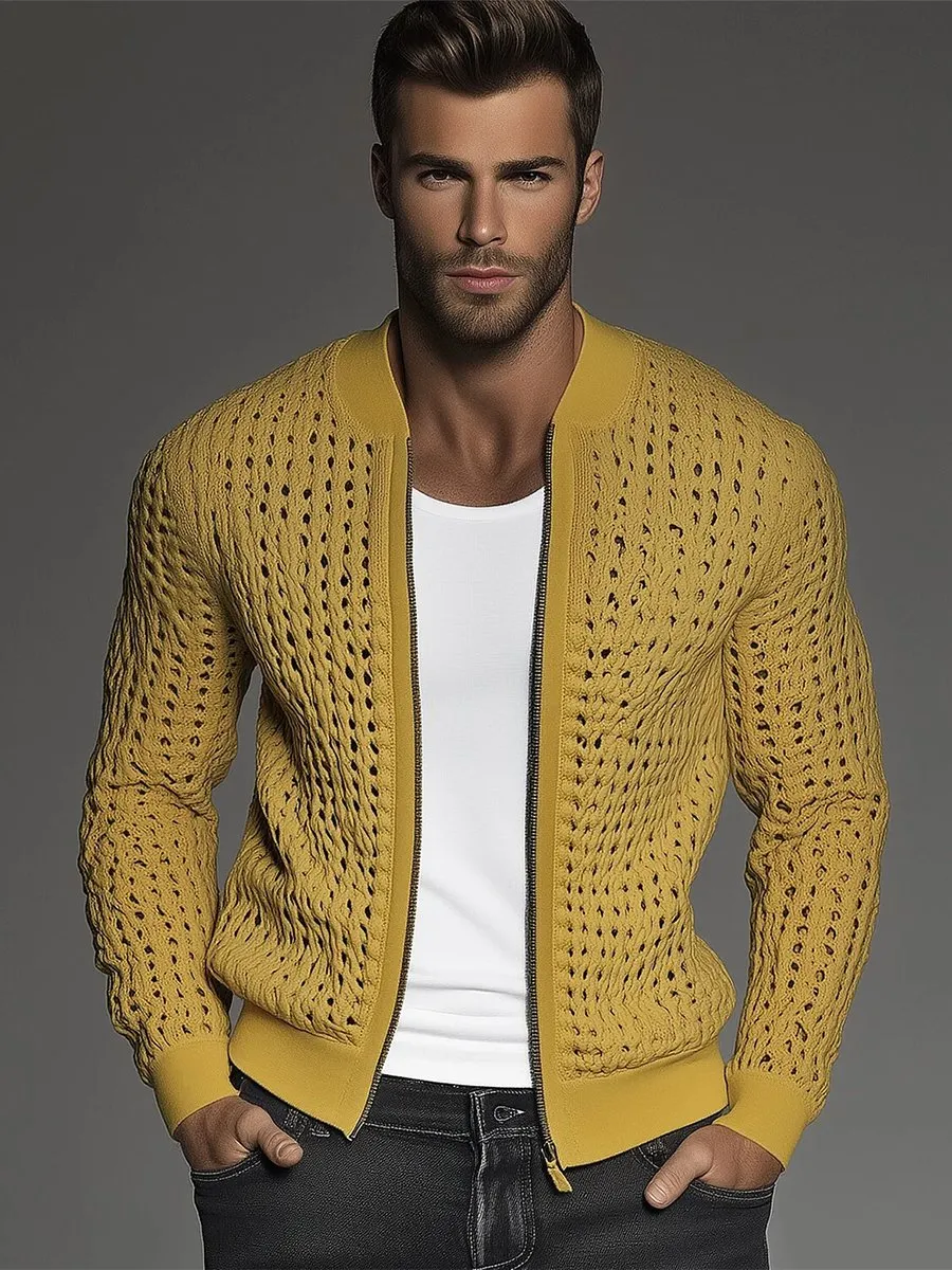 【24-hour shipping】Men's Hollow Out Knit Stand Collar Zip Up Jacket