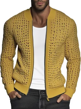 【24-hour shipping】Men's Hollow Out Knit Stand Collar Zip Up Jacket