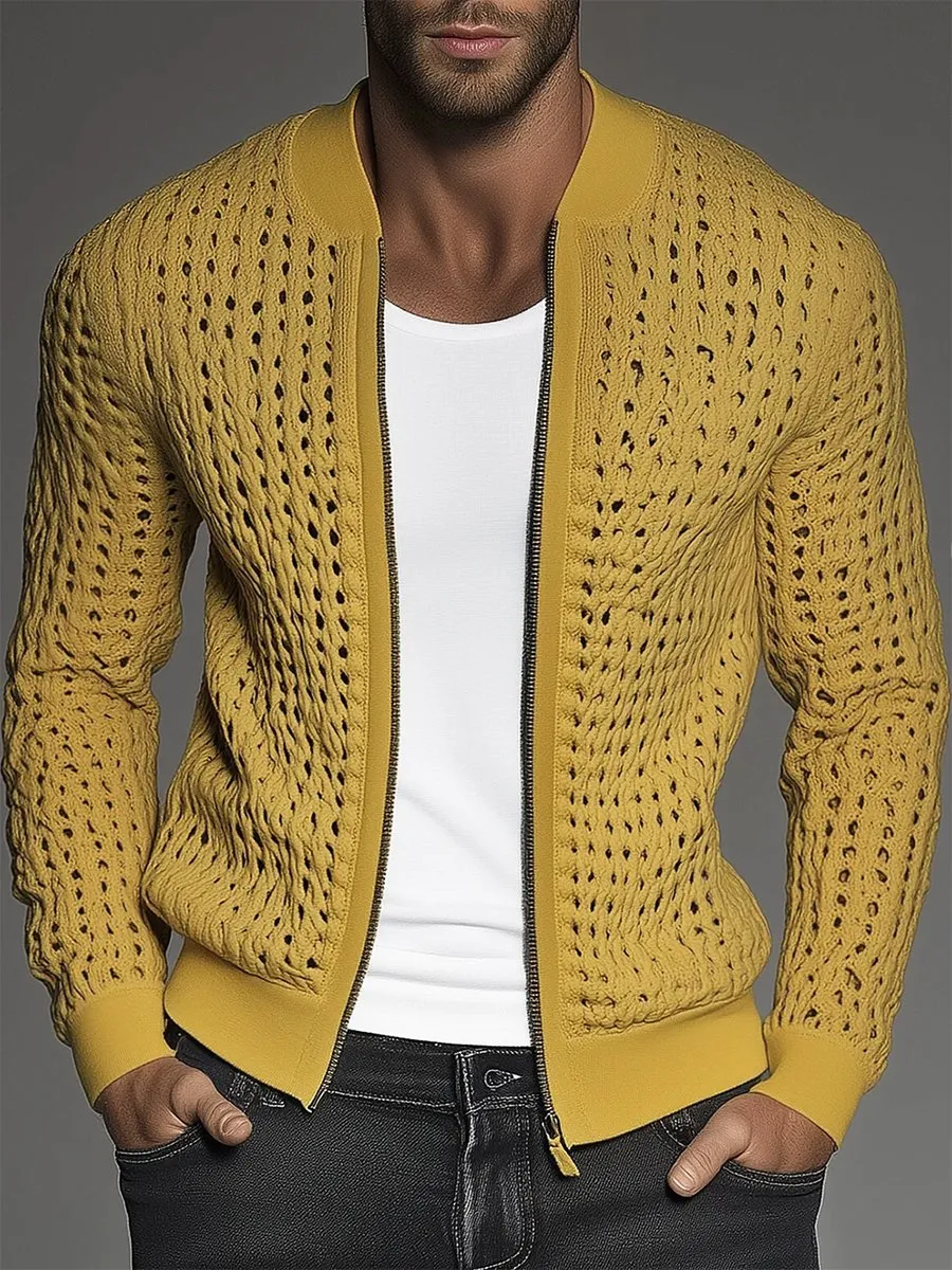 【24-hour shipping】Men's Hollow Out Knit Stand Collar Zip Up Jacket