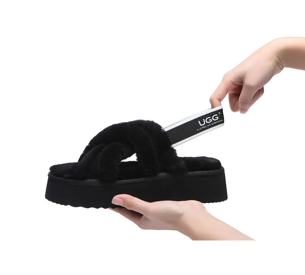 AUSTRALIAN SHEPHERD® UGG Women High Platform Cross-over Fluffy Slides Aditi