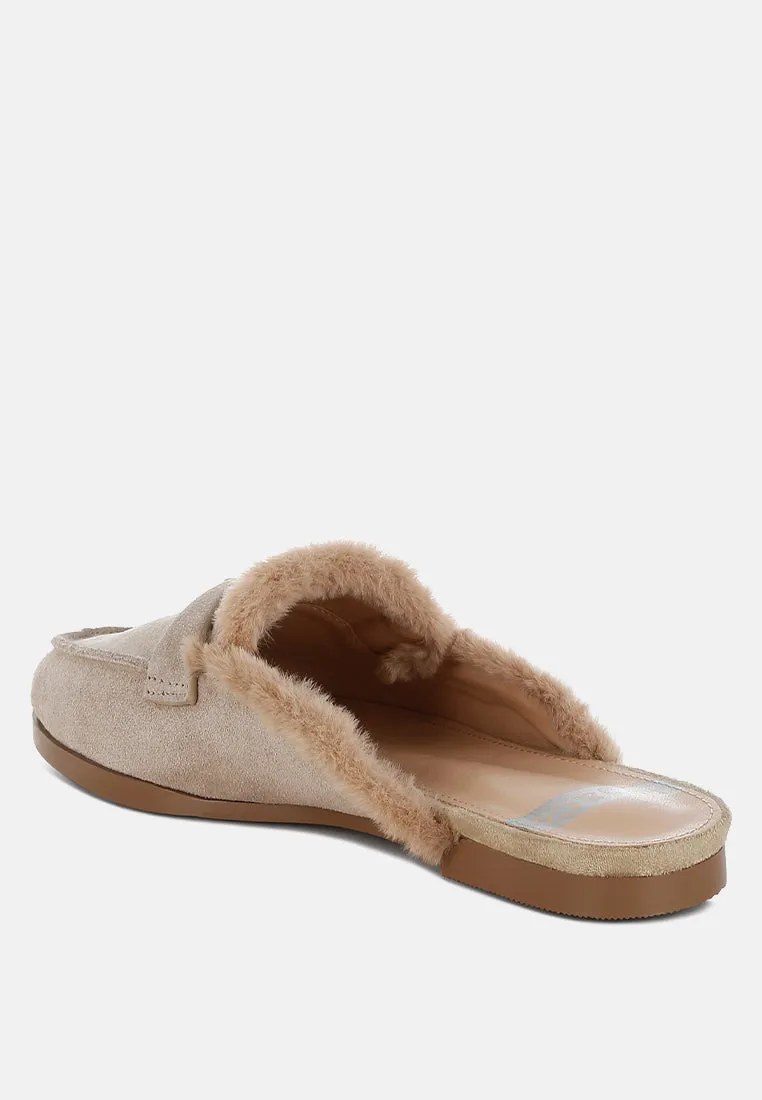 Bosnia Real Suede Leather & Faux Fur Slip On Mules