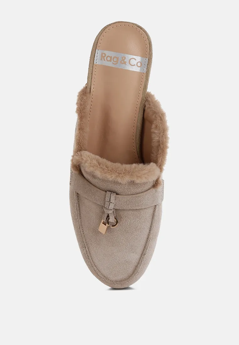 Bosnia Real Suede Leather & Faux Fur Slip On Mules