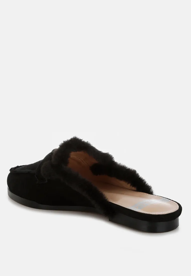 Bosnia Real Suede Leather & Faux Fur Slip On Mules