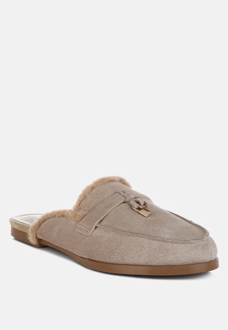 Bosnia Real Suede Leather & Faux Fur Slip On Mules