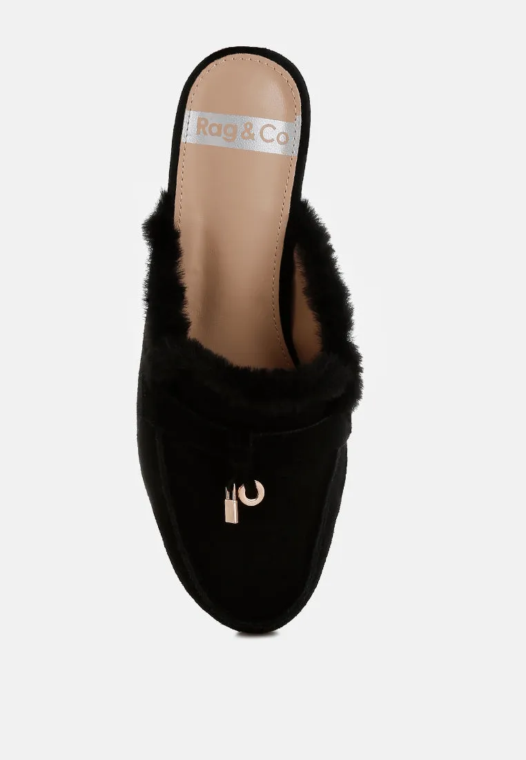 Bosnia Real Suede Leather & Faux Fur Slip On Mules