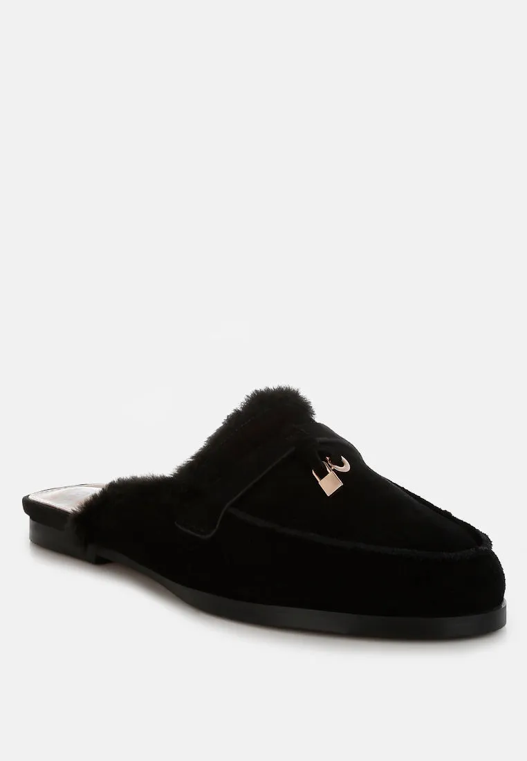 Bosnia Real Suede Leather & Faux Fur Slip On Mules
