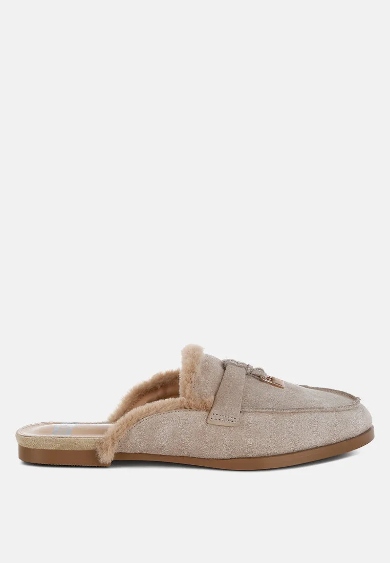 Bosnia Real Suede Leather & Faux Fur Slip On Mules