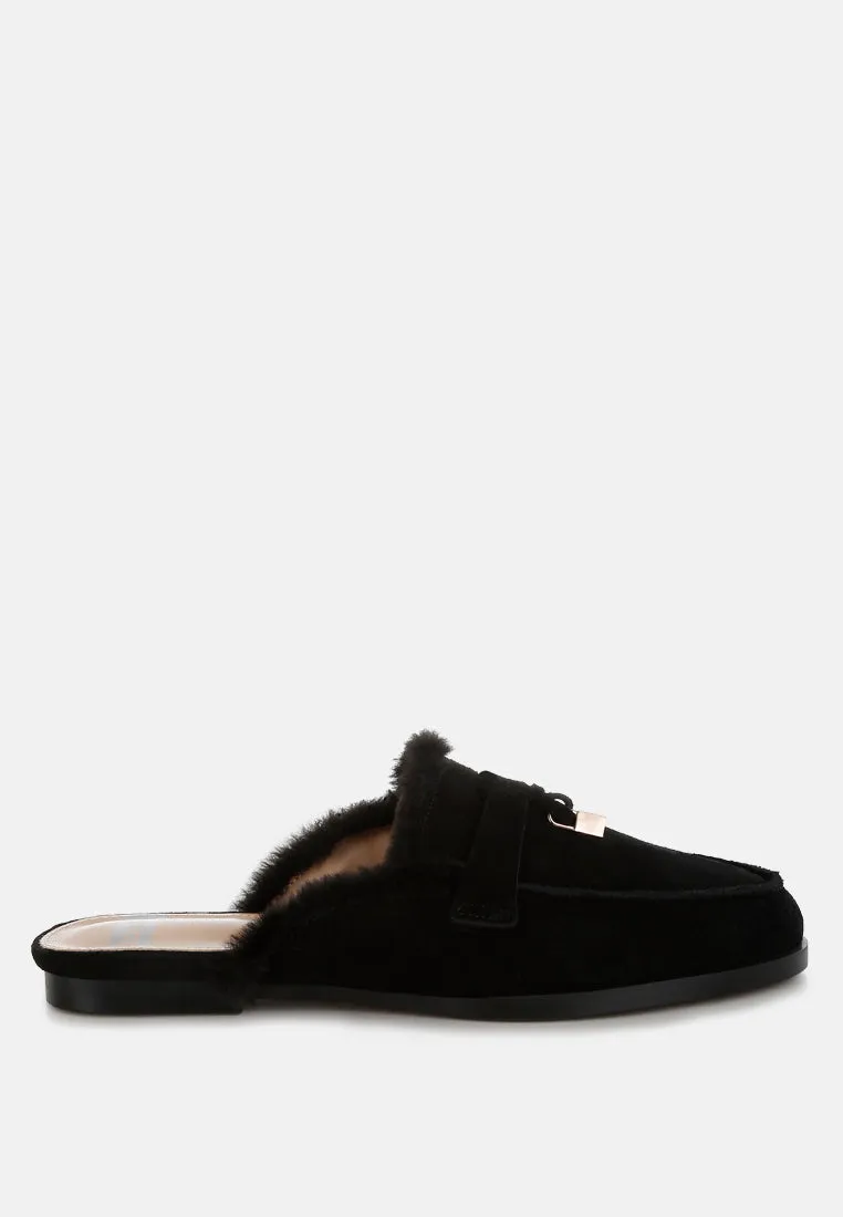 Bosnia Real Suede Leather & Faux Fur Slip On Mules