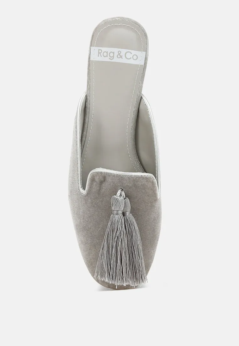 Cardinal Tassel Detail Velvet Mules