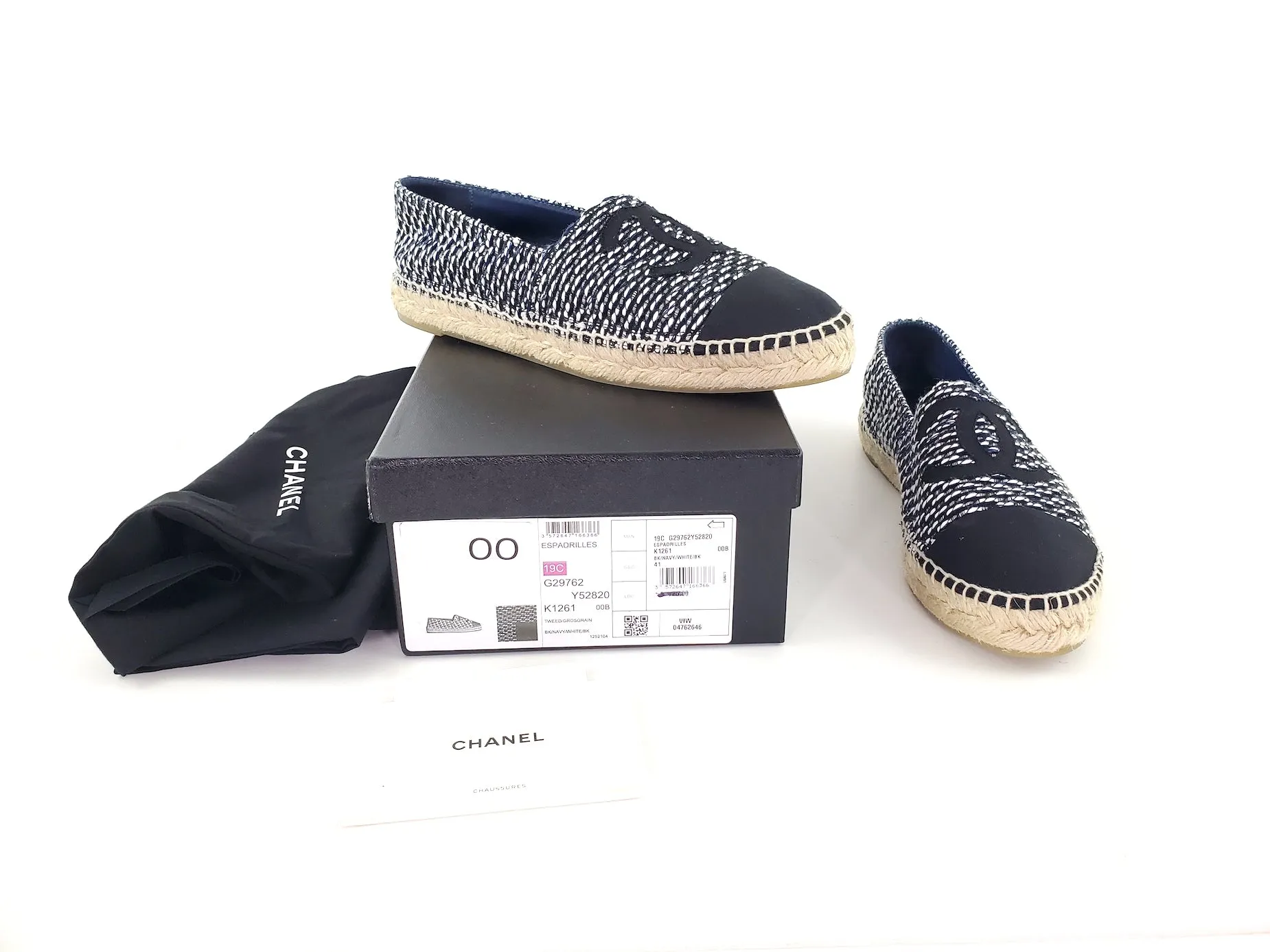 CHANEL 19C Black White Tweed Espadrilles Flats 41