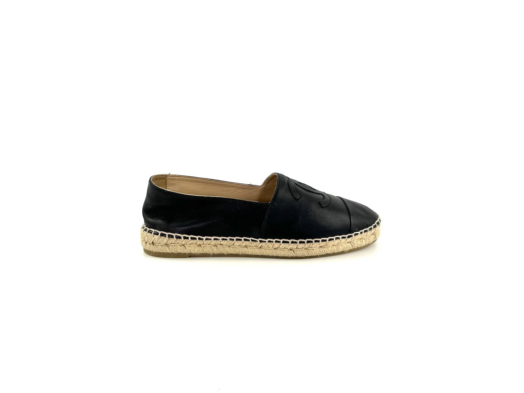 CHANEL Black Leather CC Logo Espadrille Flats 40