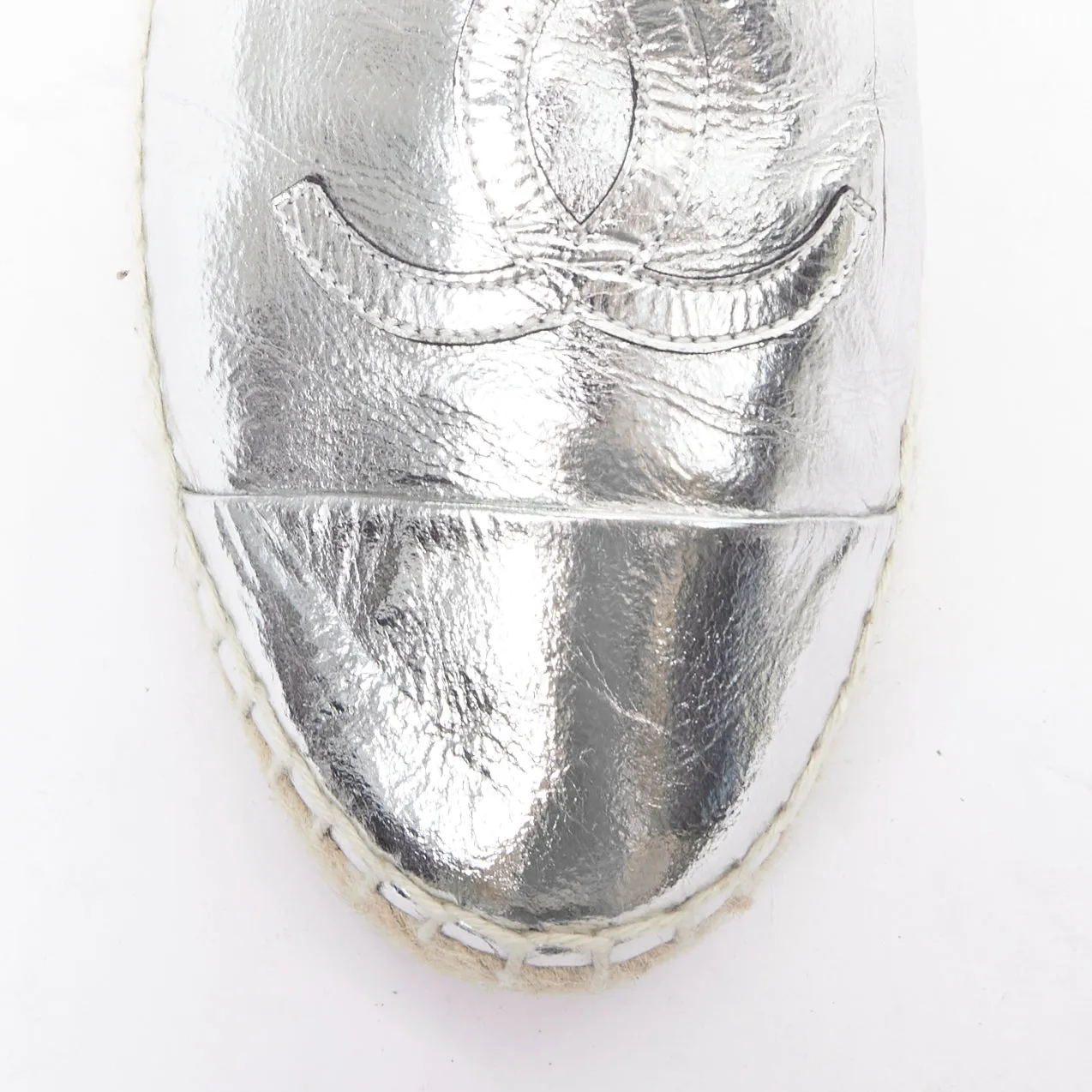 CHANEL metallic silver laminated goatskin CC logo jute espadrilles EU38