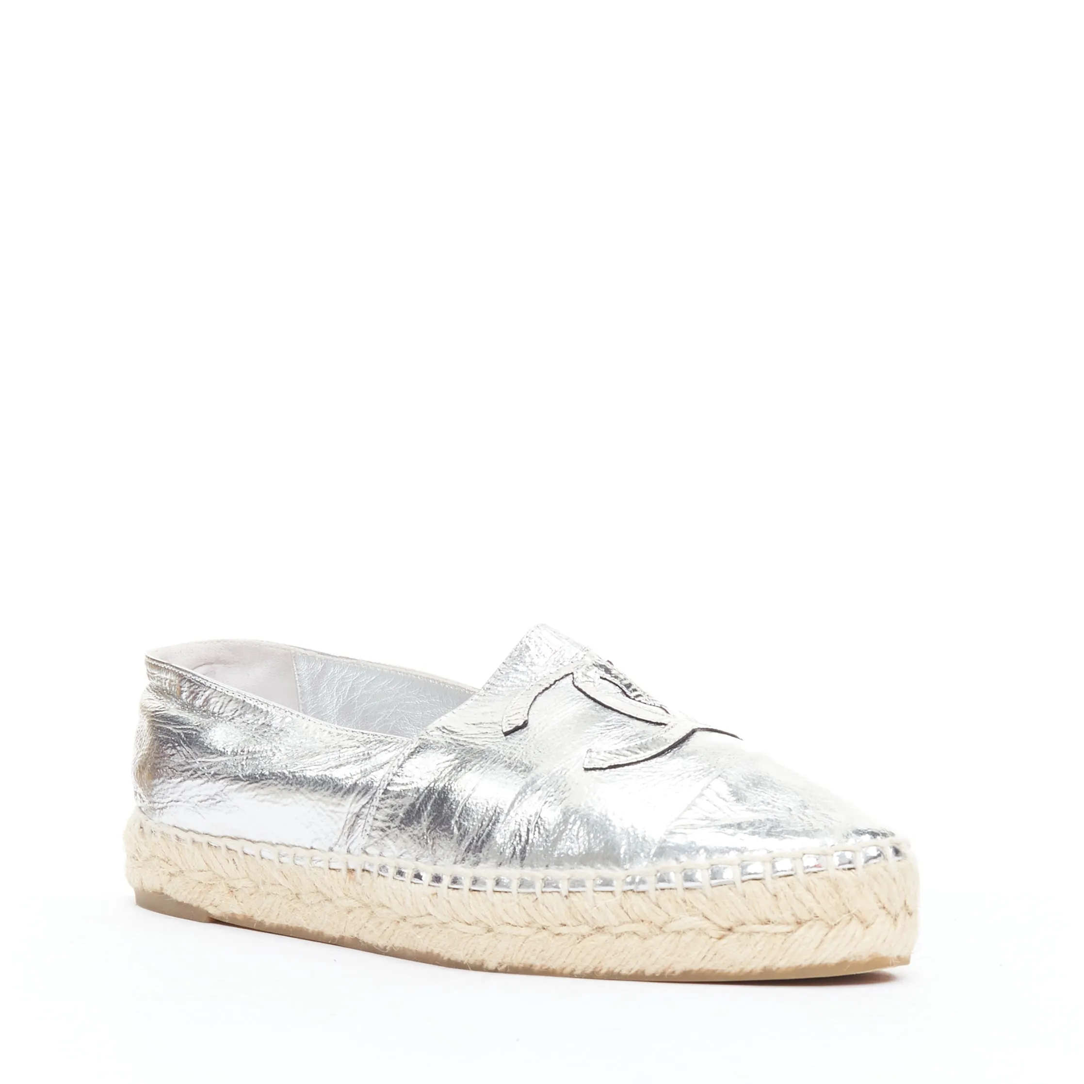 CHANEL metallic silver laminated goatskin CC logo jute espadrilles EU38