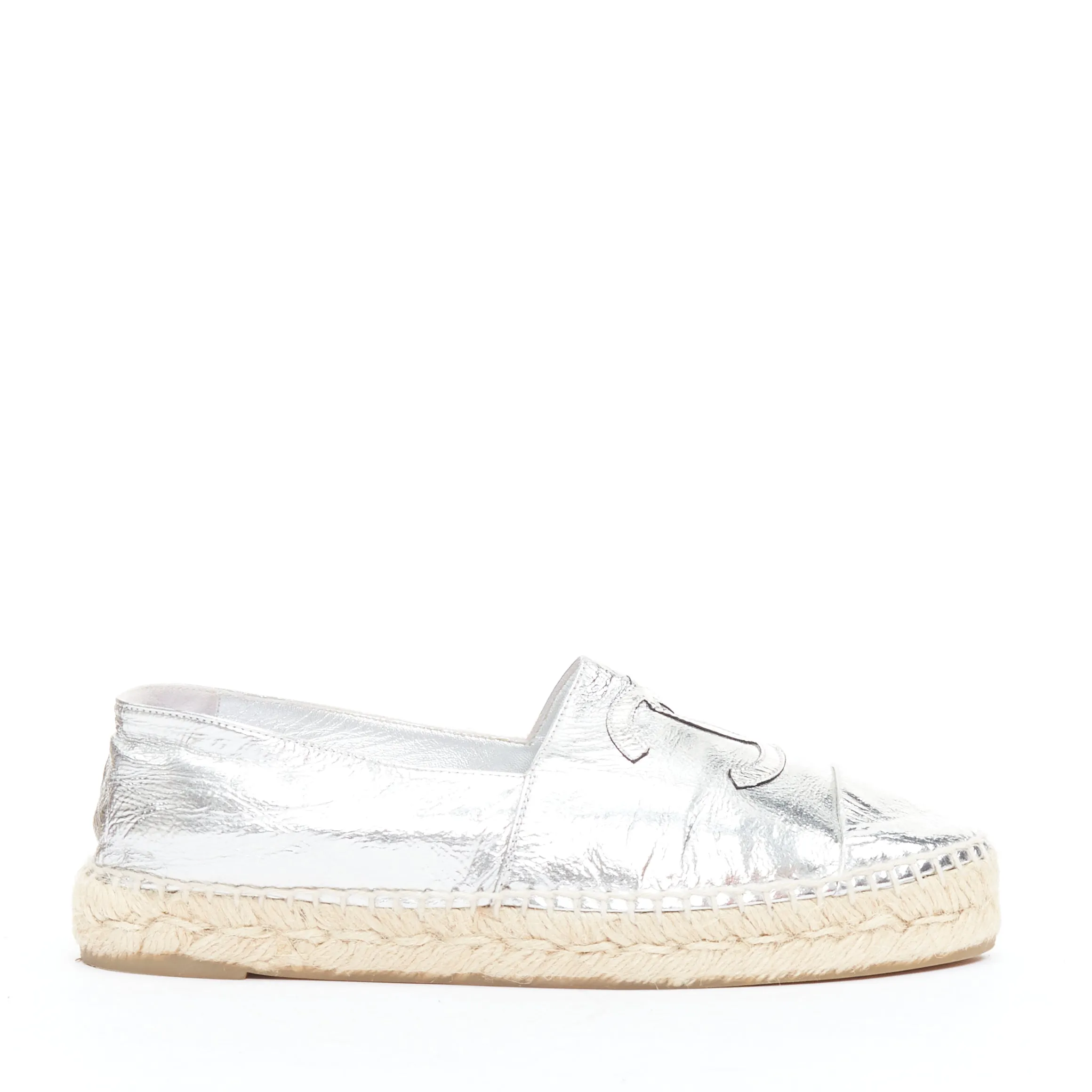 CHANEL metallic silver laminated goatskin CC logo jute espadrilles EU38