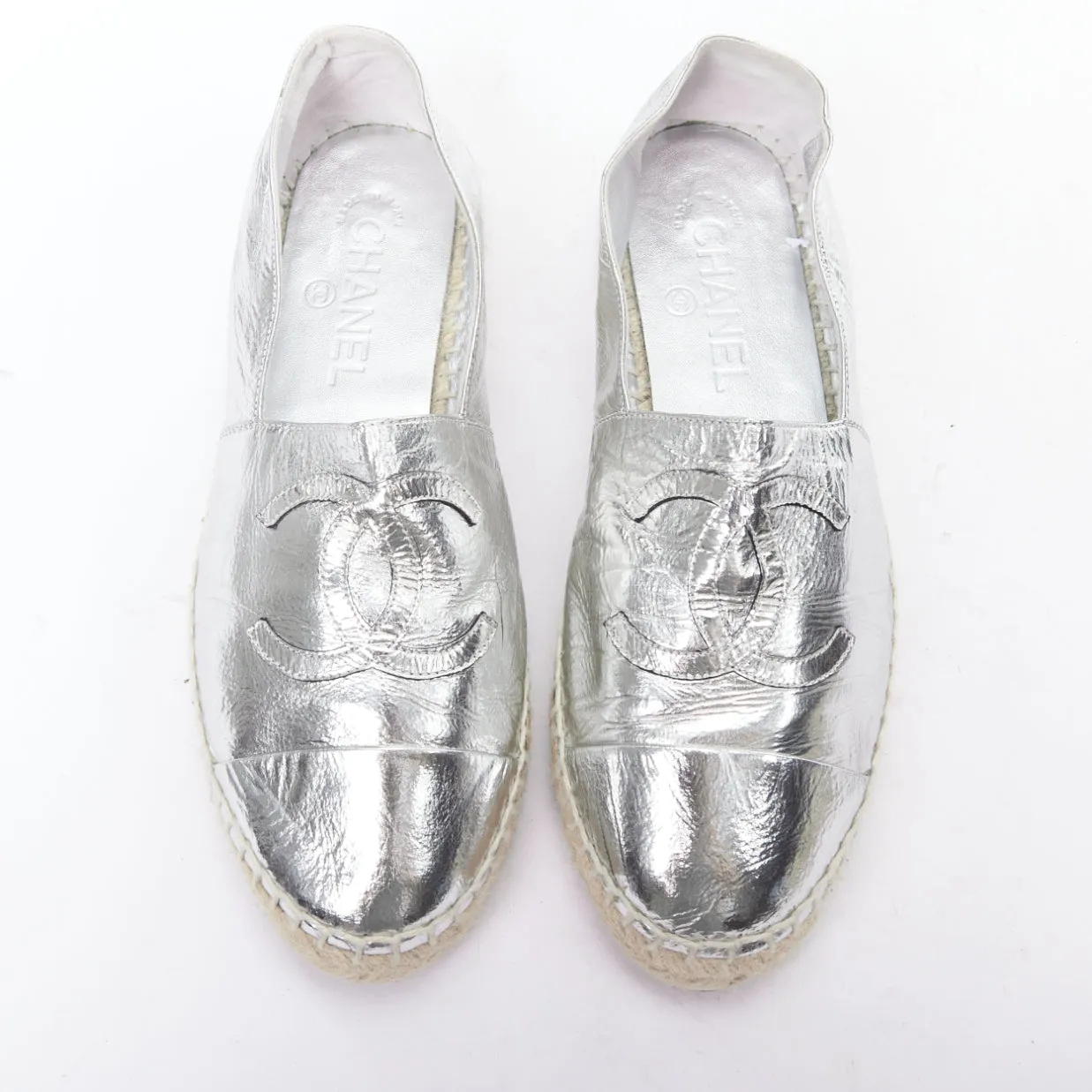CHANEL metallic silver laminated goatskin CC logo jute espadrilles EU38