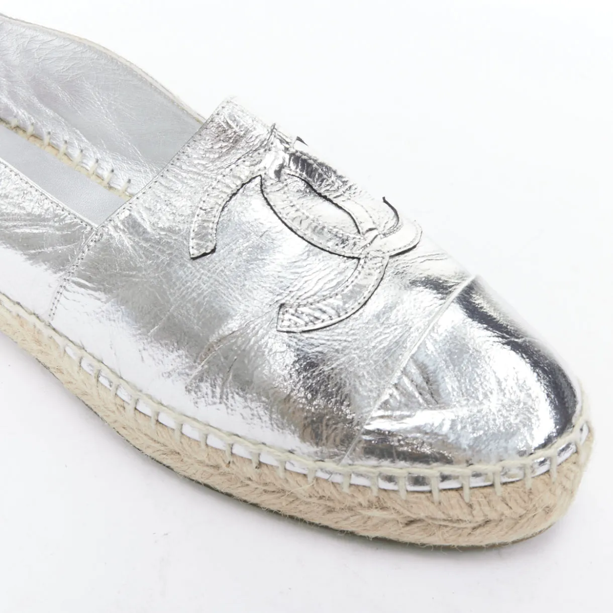 CHANEL metallic silver laminated goatskin CC logo jute espadrilles EU38