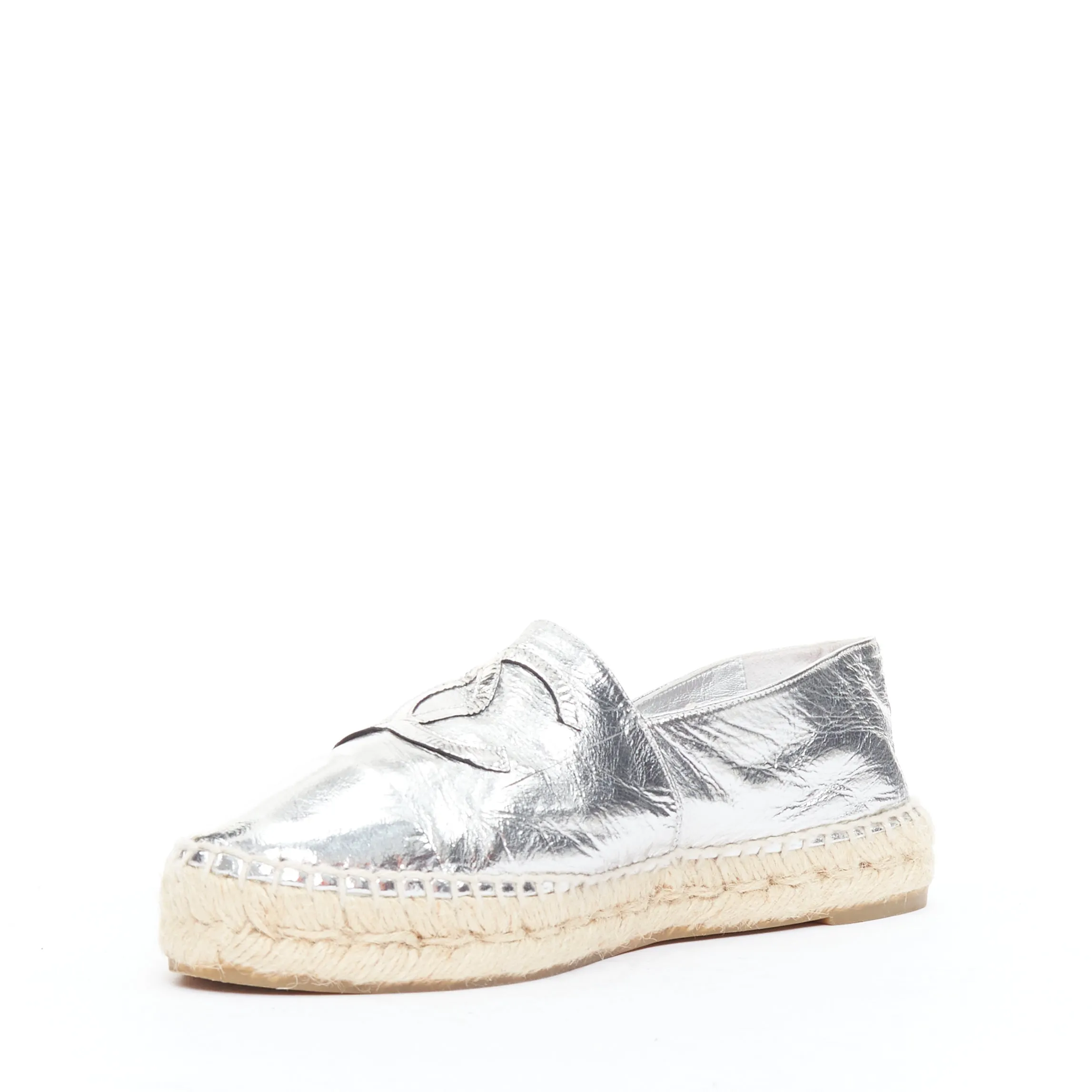 CHANEL metallic silver laminated goatskin CC logo jute espadrilles EU38