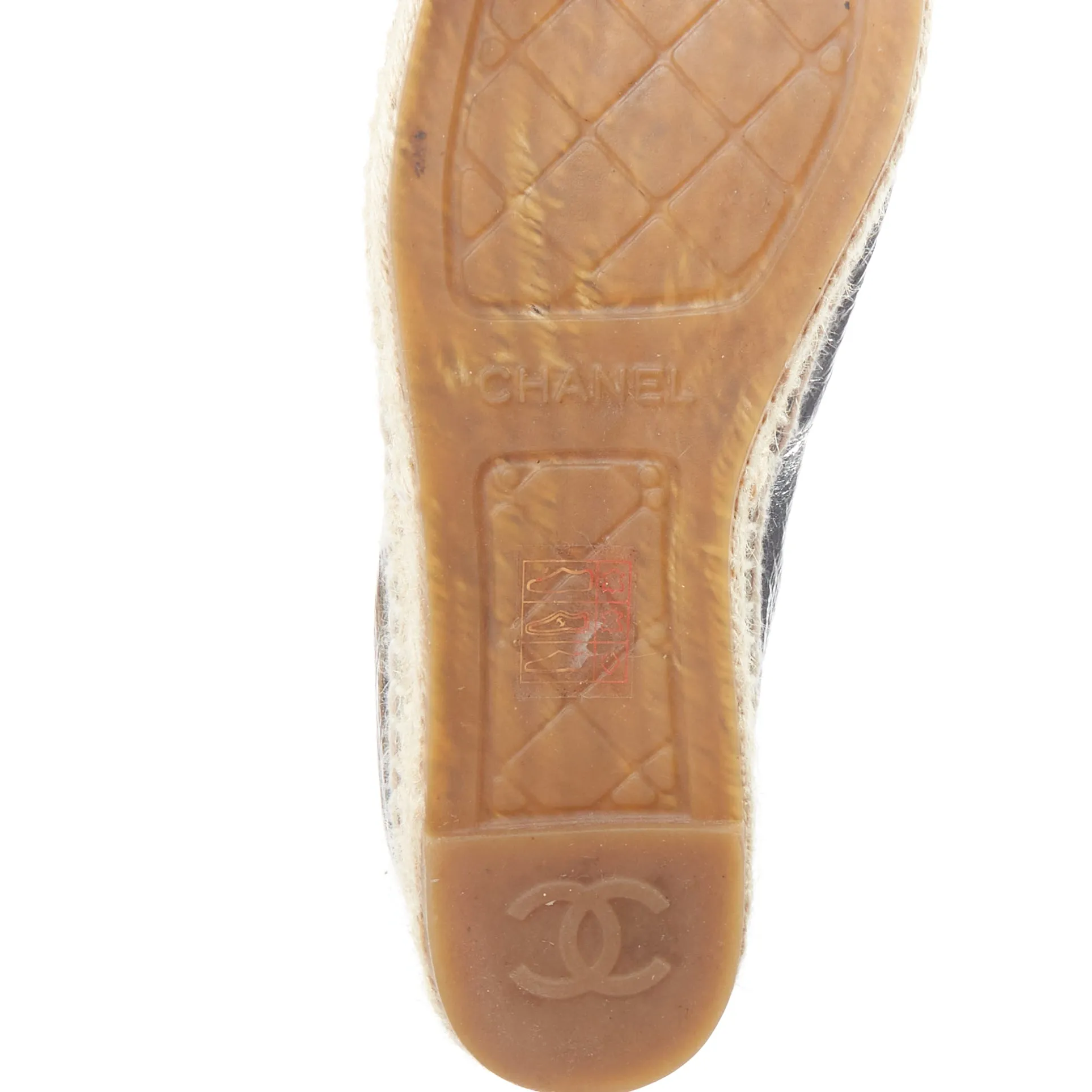 CHANEL metallic silver laminated goatskin CC logo jute espadrilles EU38
