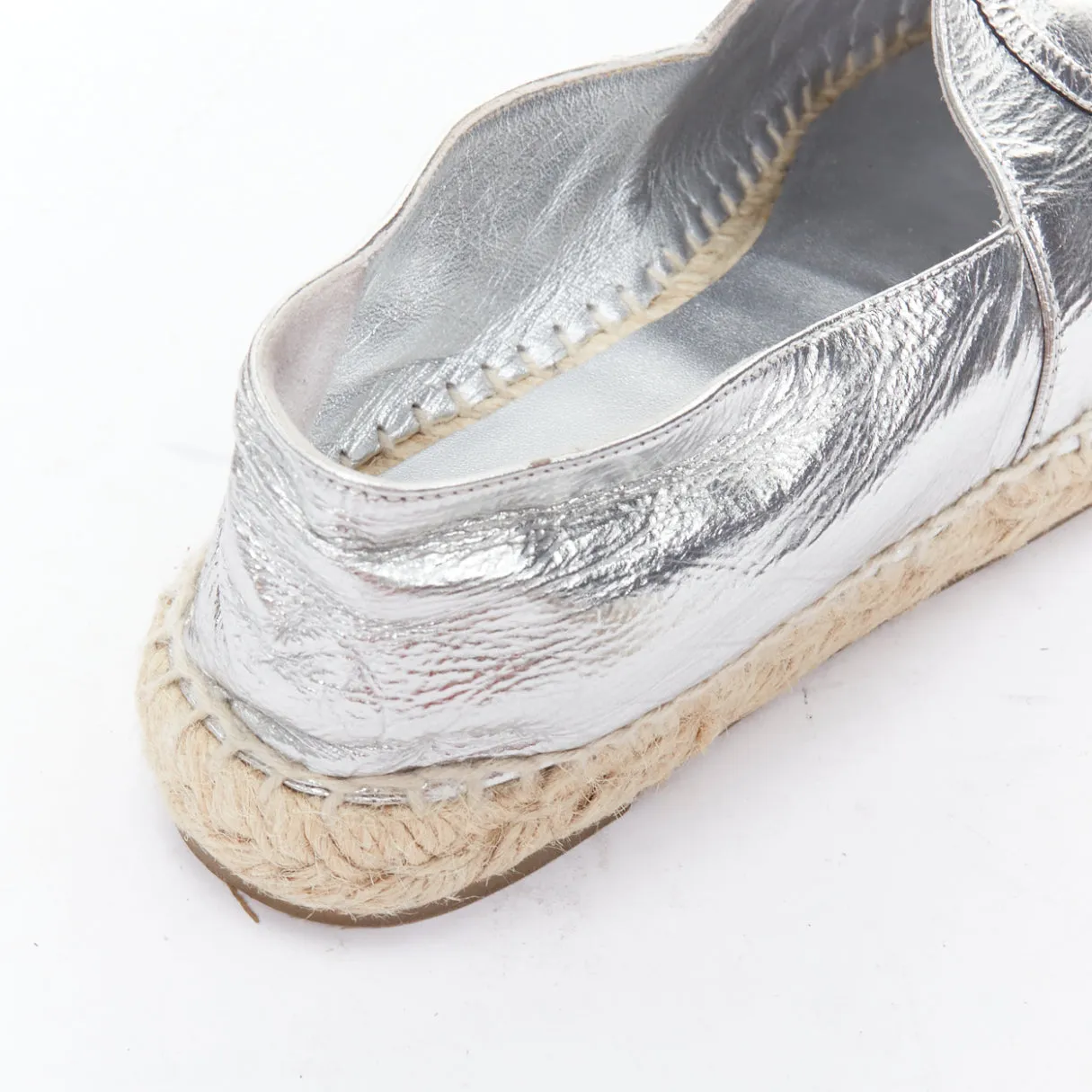 CHANEL metallic silver laminated goatskin CC logo jute espadrilles EU38