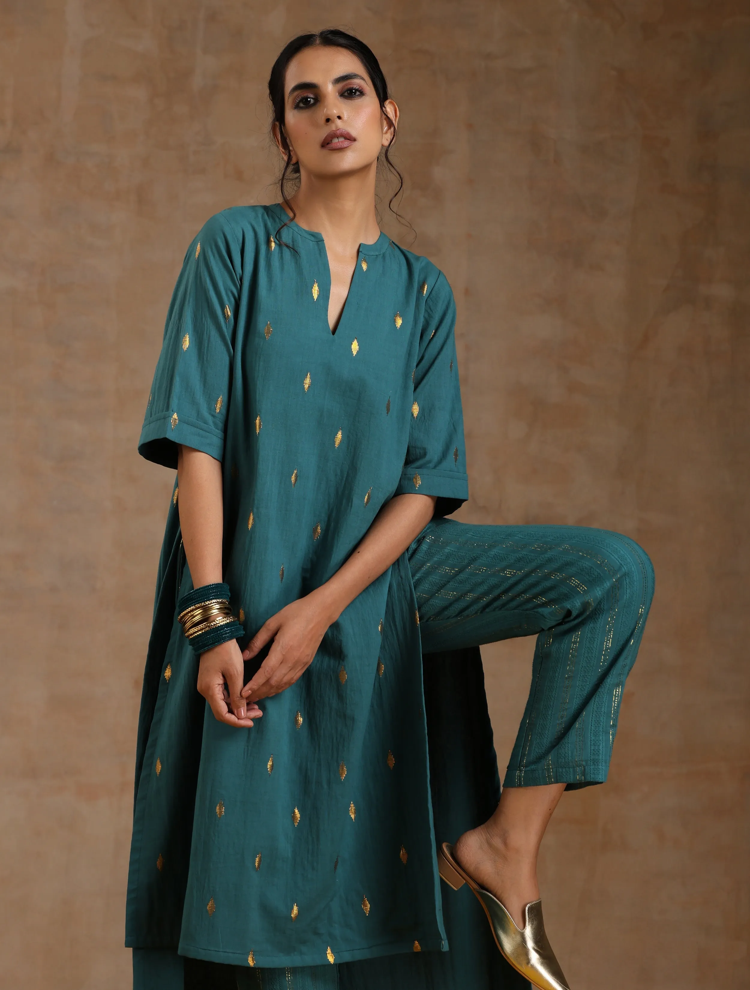 Deep Sea Gold Cotton Relaxed High-Low Kurta Set