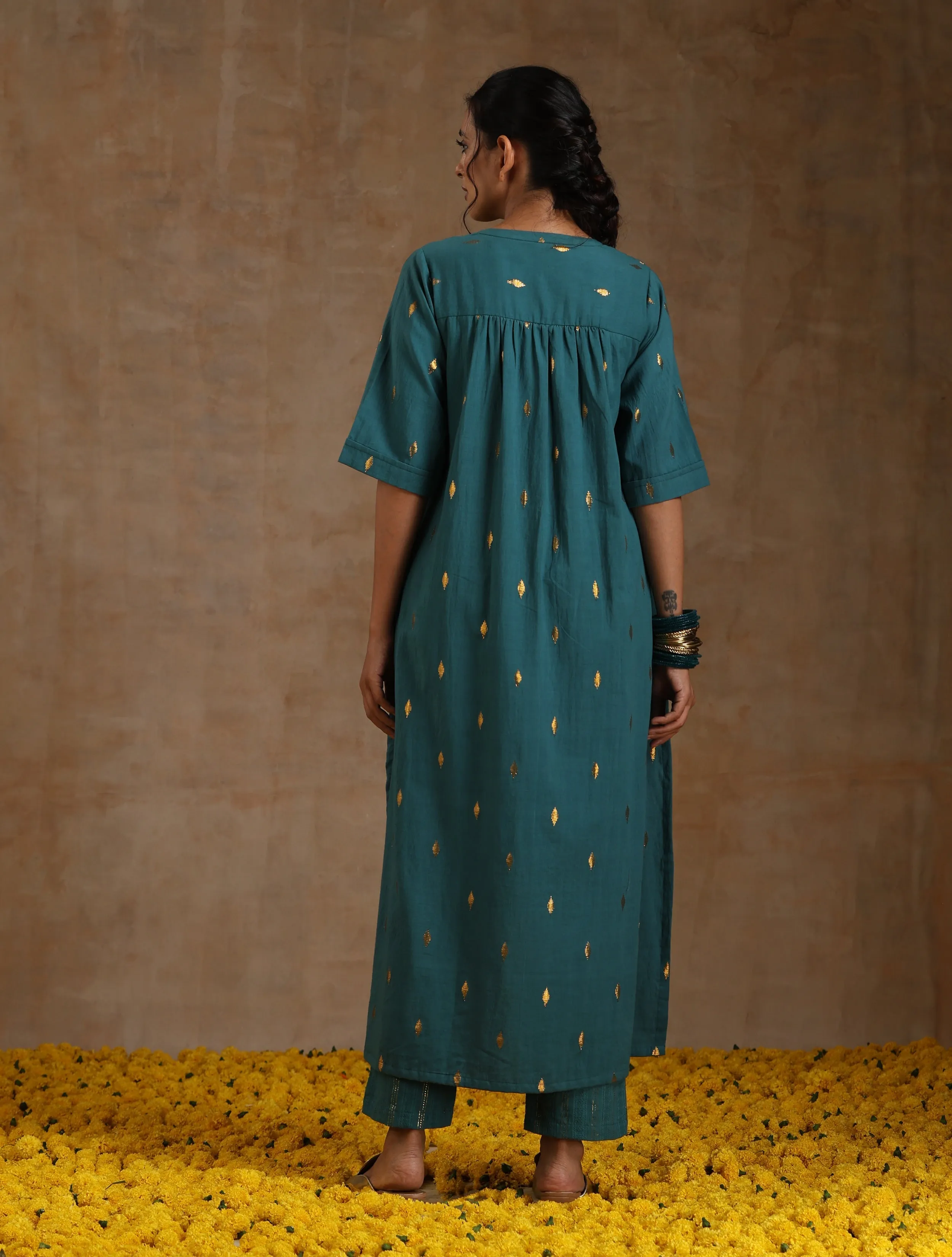 Deep Sea Gold Cotton Relaxed High-Low Kurta Set