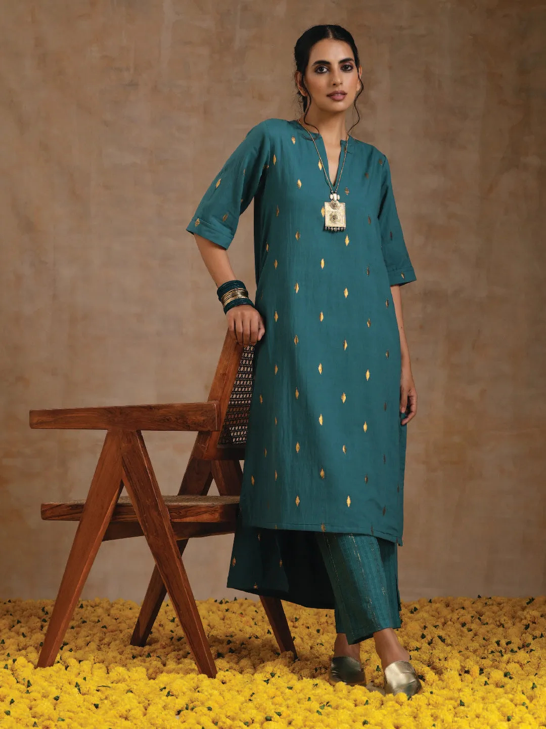 Deep Sea Gold Cotton Relaxed High-Low Kurta Set