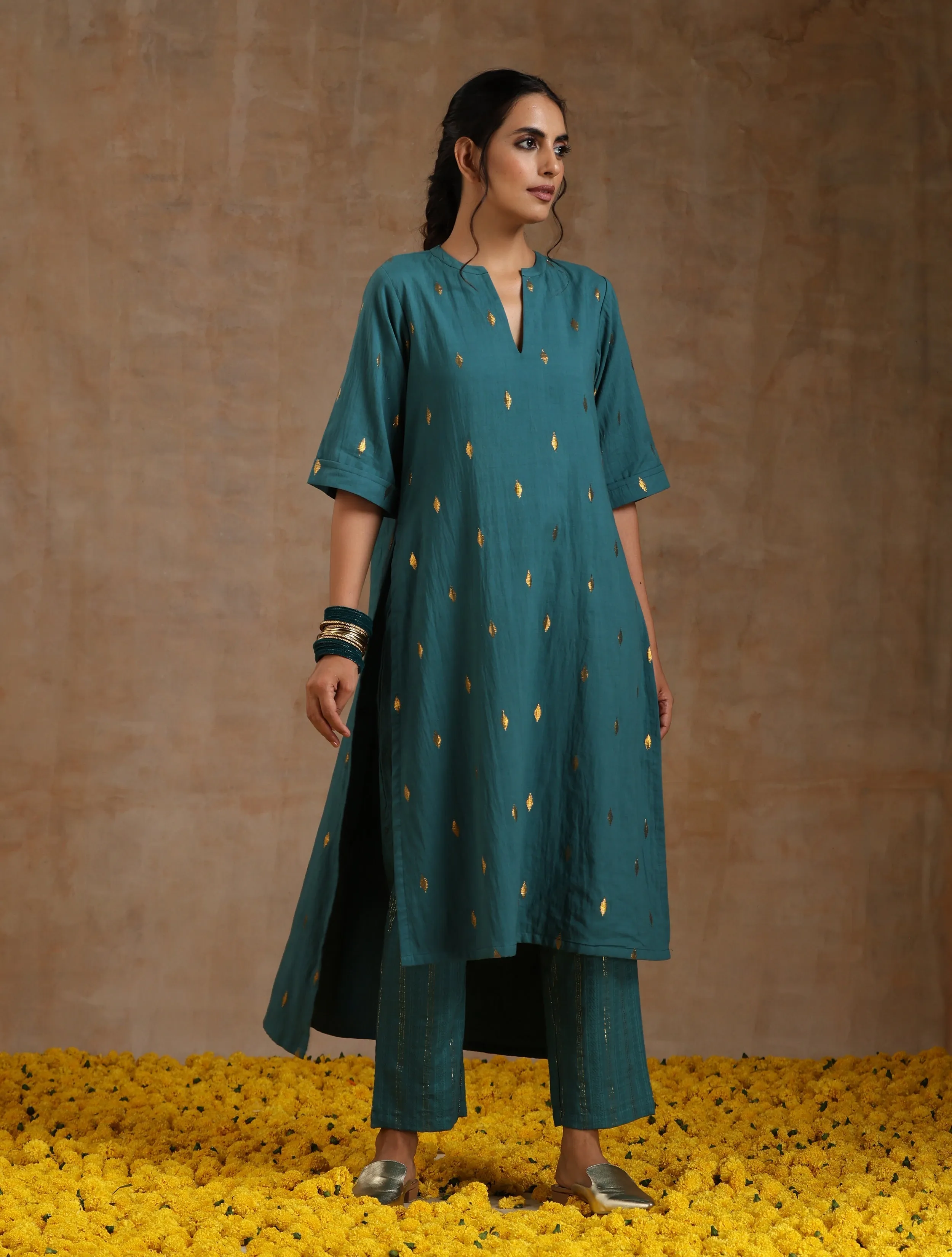 Deep Sea Gold Cotton Relaxed High-Low Kurta Set