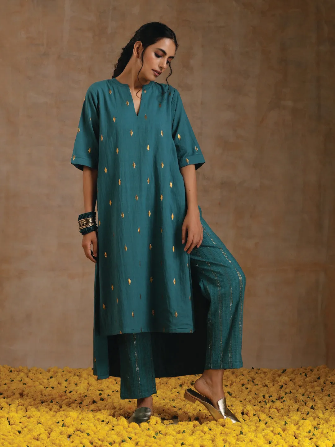 Deep Sea Gold Cotton Relaxed High-Low Kurta Set