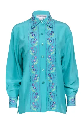 Diane von Furstenberg - Turquoise Silk Blouse w/ Lavender Floral Embroidery Sz XS