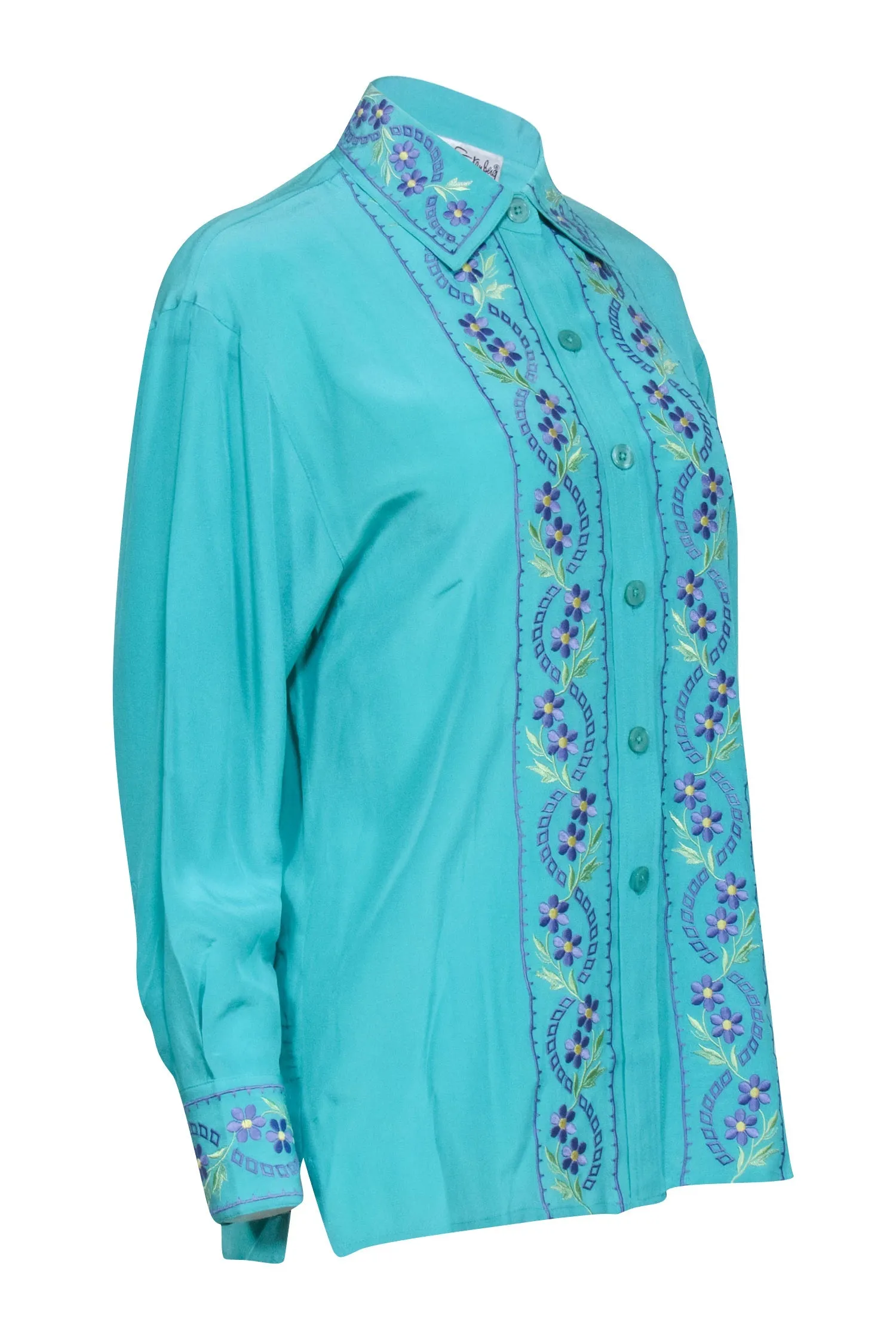 Diane von Furstenberg - Turquoise Silk Blouse w/ Lavender Floral Embroidery Sz XS