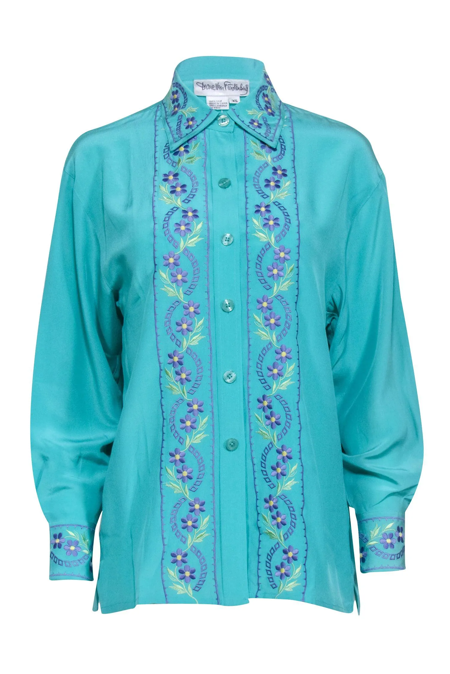 Diane von Furstenberg - Turquoise Silk Blouse w/ Lavender Floral Embroidery Sz XS