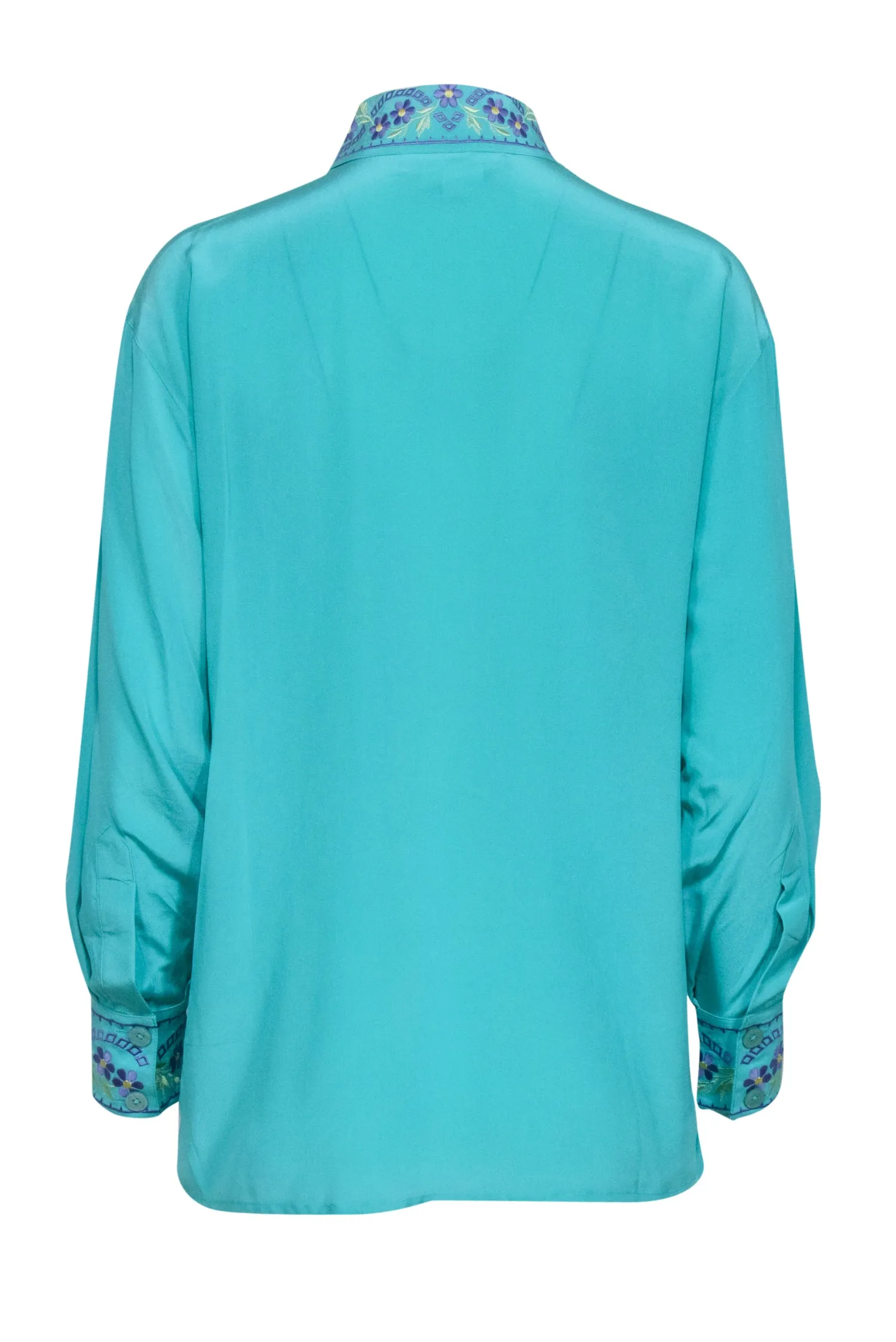 Diane von Furstenberg - Turquoise Silk Blouse w/ Lavender Floral Embroidery Sz XS