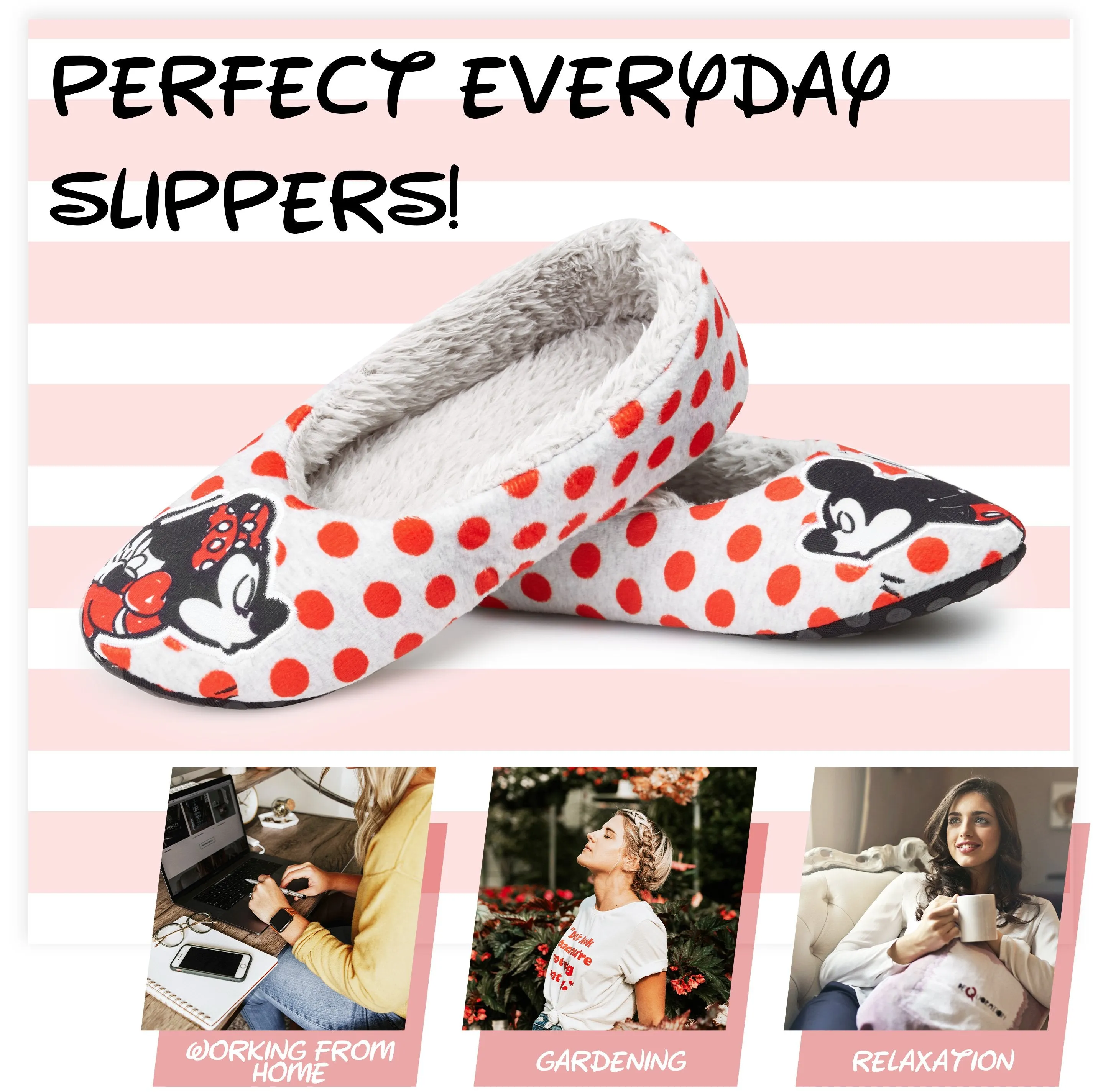 Disney Ladies Slippers, Minnie Mouse Womens Slippers, Anti-Slip Fluffy Slippers