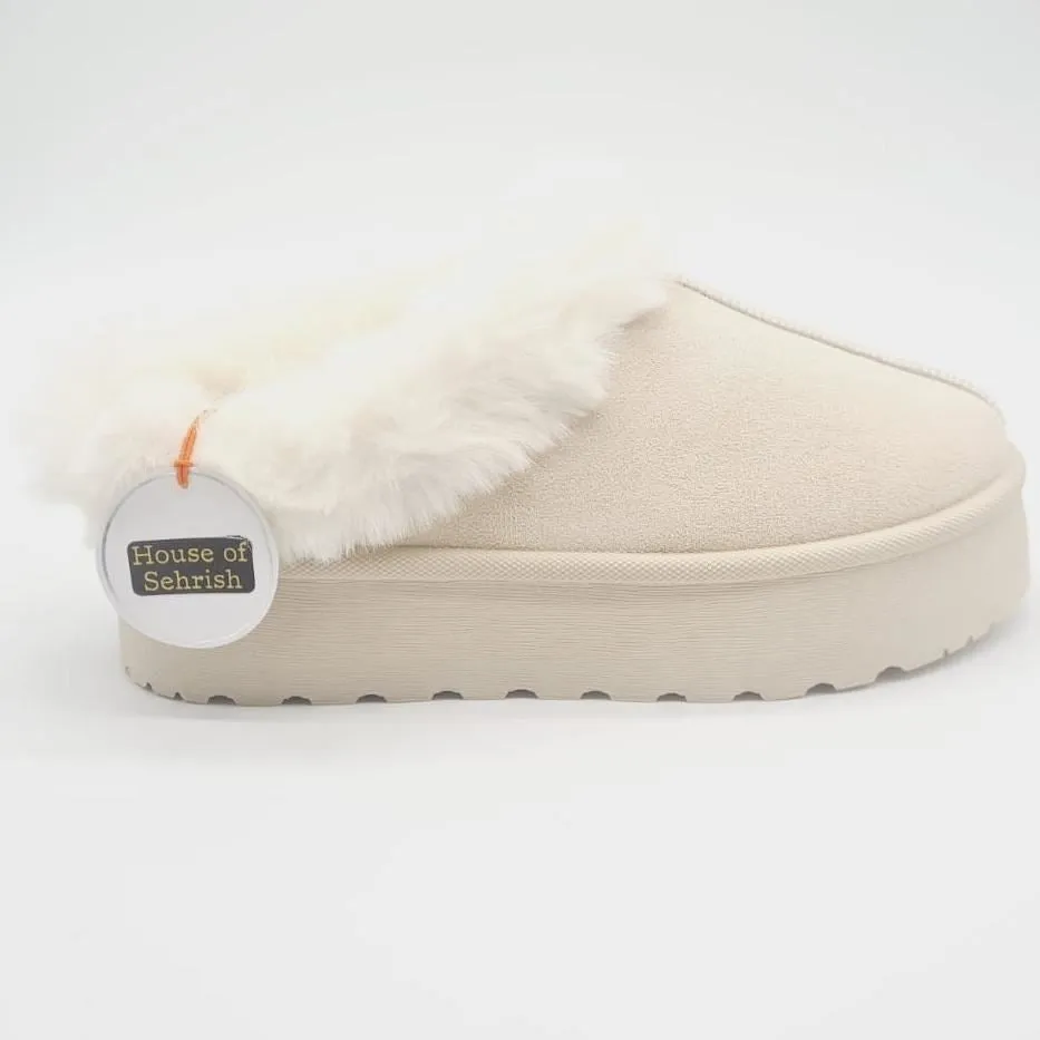 H.O.S Beige Winter Indoors Outdoors Platform Fur Slippers