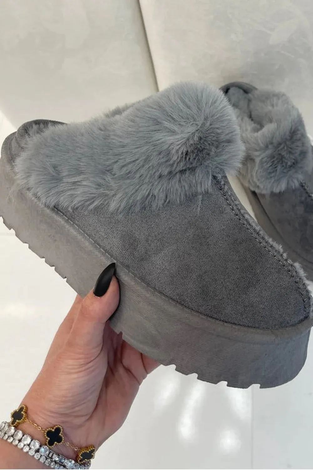 H.O.S Grey Womens Faux Fur Platform Mules Slippers Fluffy Shoes(Buy Size Up)