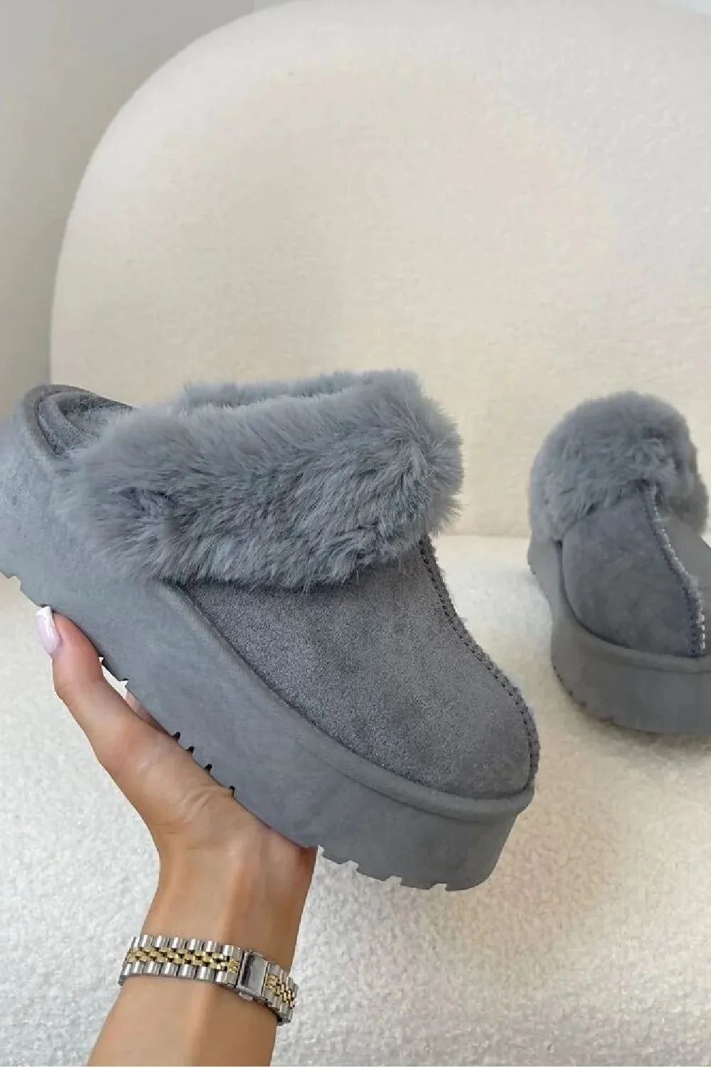 H.O.S Grey Womens Faux Fur Platform Mules Slippers Fluffy Shoes(Buy Size Up)