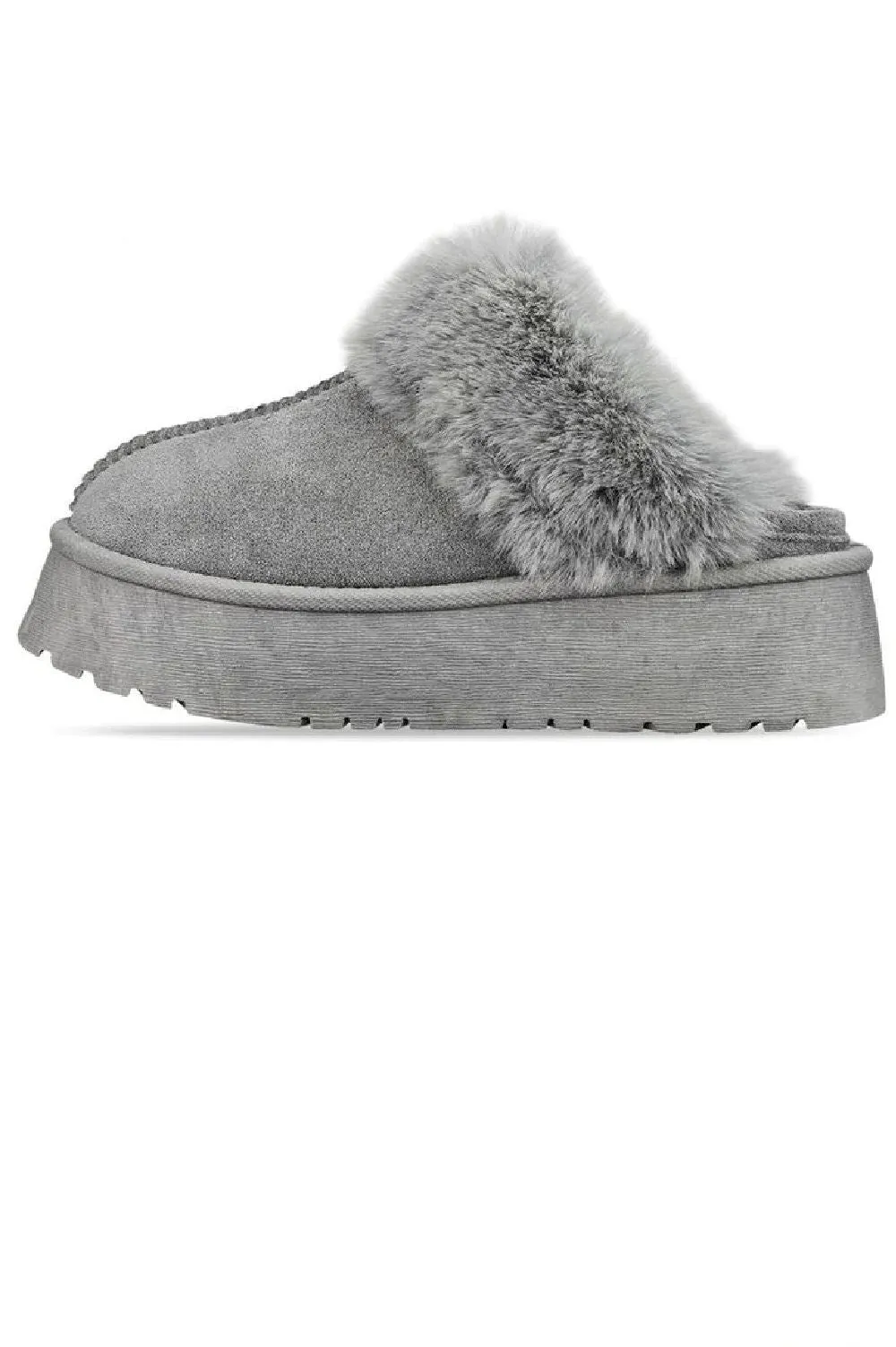 H.O.S Grey Womens Faux Fur Platform Mules Slippers Fluffy Shoes(Buy Size Up)