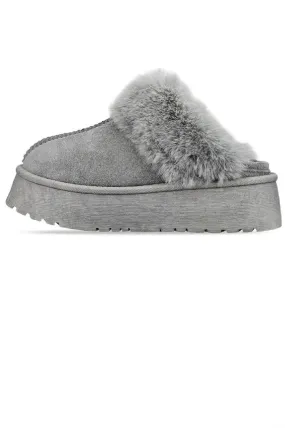 H.O.S Grey Womens Faux Fur Platform Mules Slippers Fluffy Shoes(Buy Size Up)