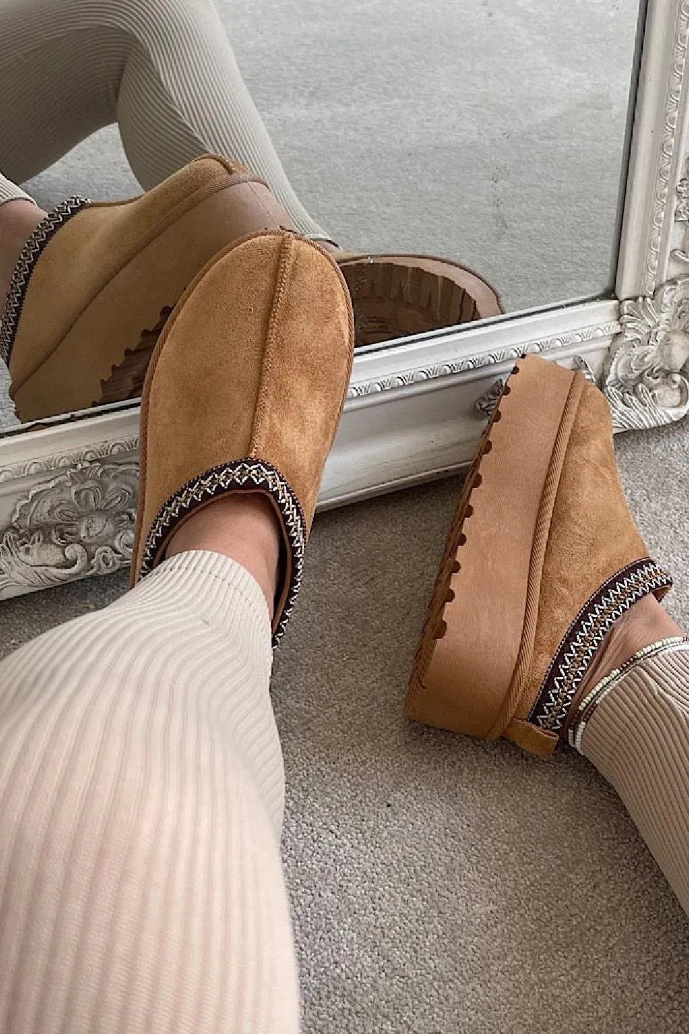 House Of Sehrish MX11H Chestnut Fluffy Platform Slippers Faux Fur Lined Ankle Boots