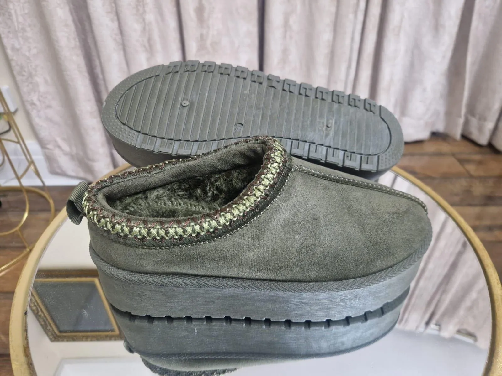 House Of Sehrish MX11H Olive Green Fluffy Platform Slippers Faux Fur Lined Ankle Boots