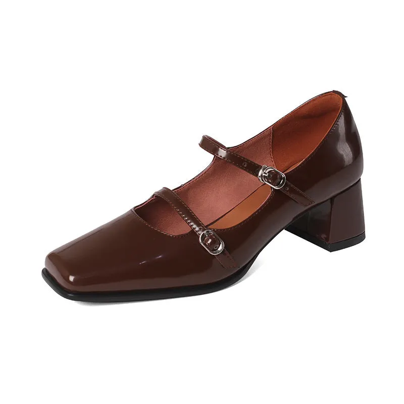 Leather square shoes for women