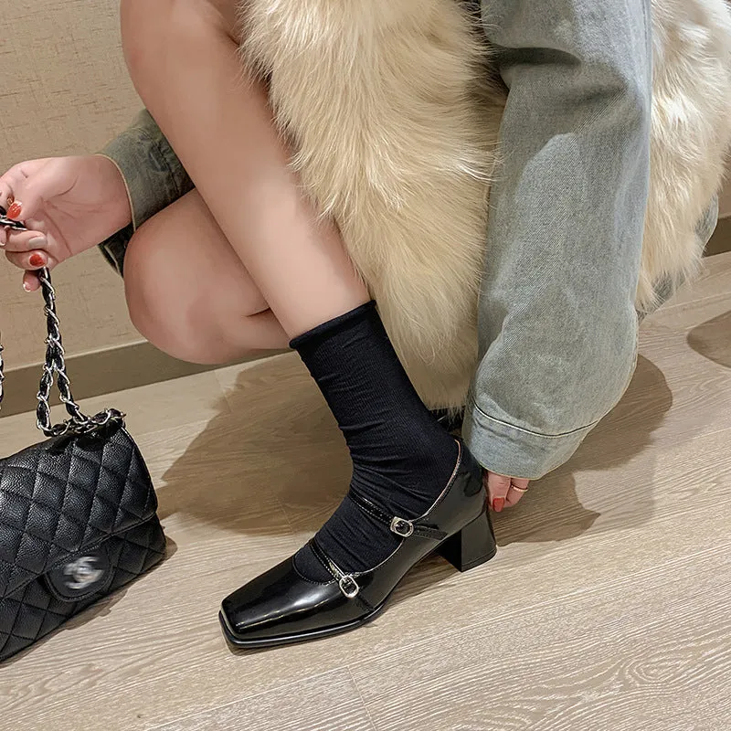 Leather square shoes for women