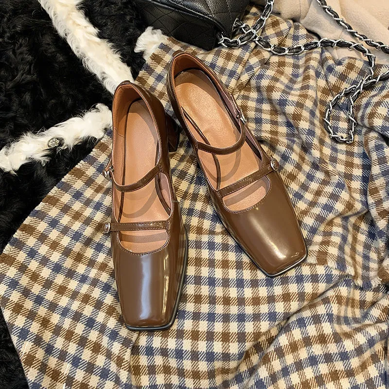 Leather square shoes for women