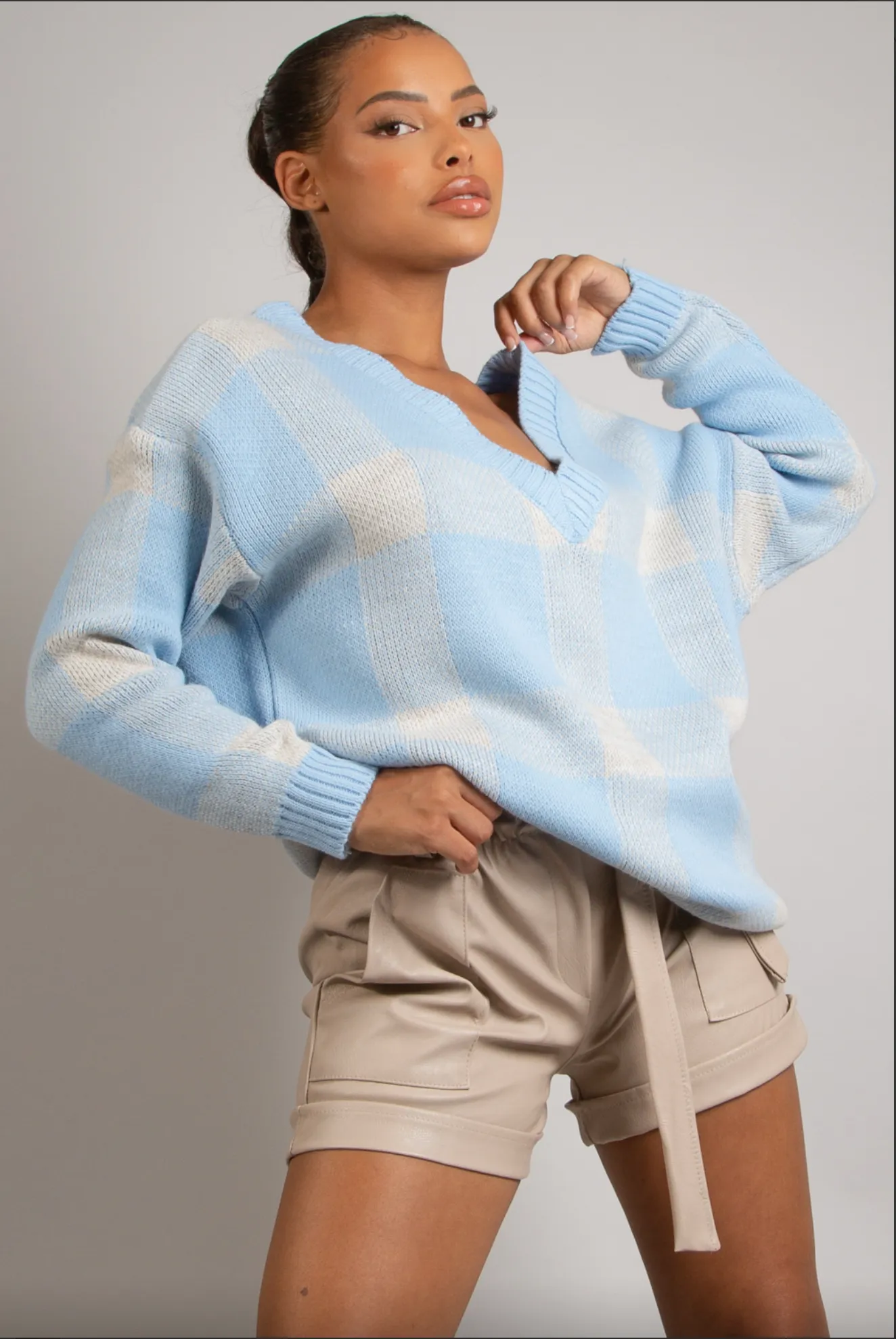Mary - Baby Blue Oversized Check Print V Neck Jumper
