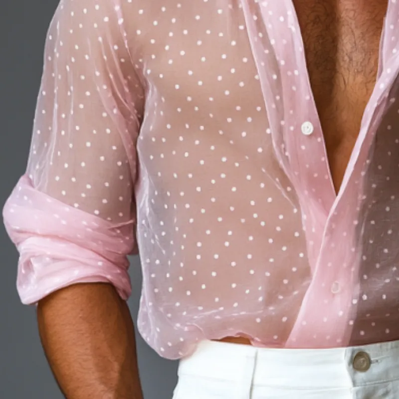 Men's Stylish Polka Dot Transparent Chiffon Lapel Long Sleeve Shirt 72824425Y