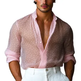 Men's Stylish Polka Dot Transparent Chiffon Lapel Long Sleeve Shirt 72824425Y