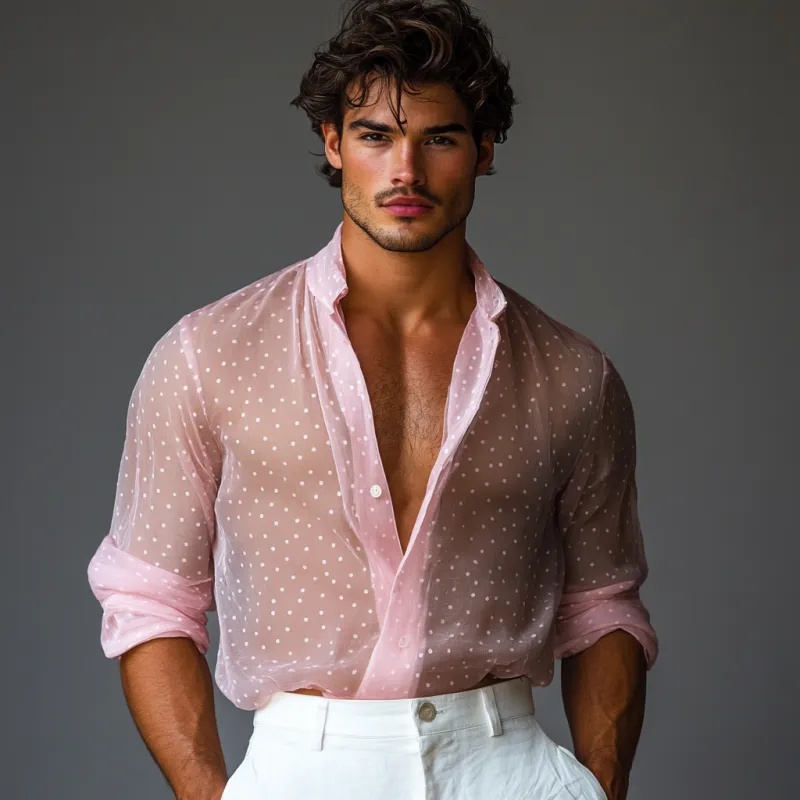 Men's Stylish Polka Dot Transparent Chiffon Lapel Long Sleeve Shirt 72824425Y