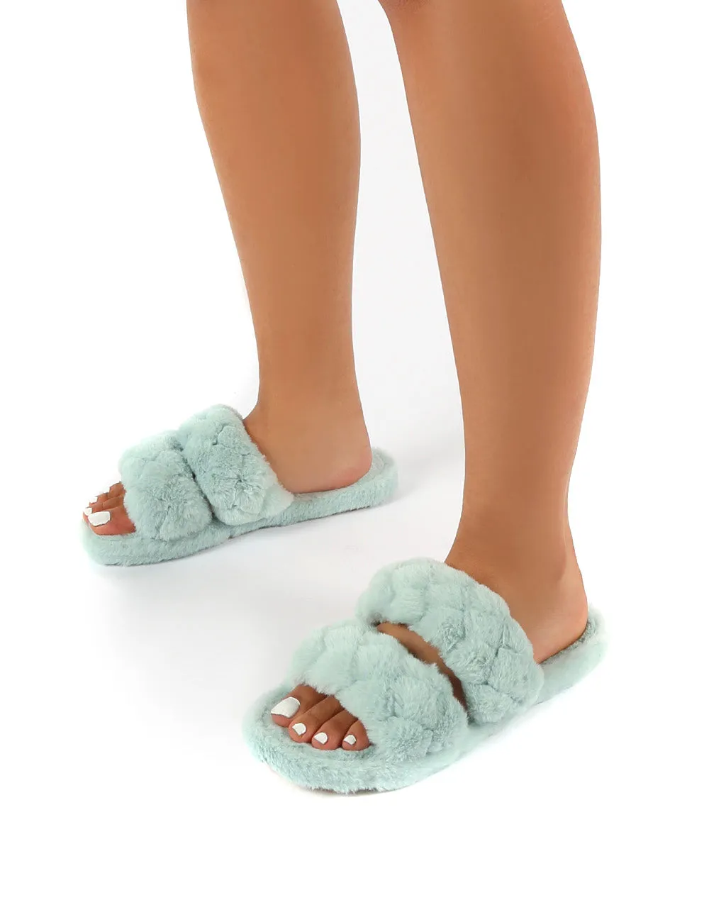 Minky Mint Fluffy Double Strap Slippers