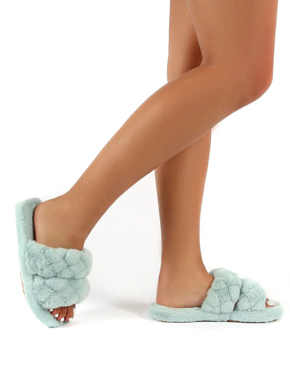 Minky Mint Fluffy Double Strap Slippers
